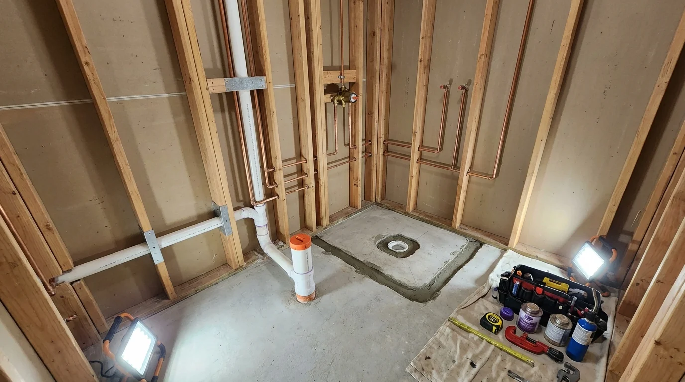 Bathroom rough-in plumbing during remodel by Johns Plumbing LLC in Waldwick