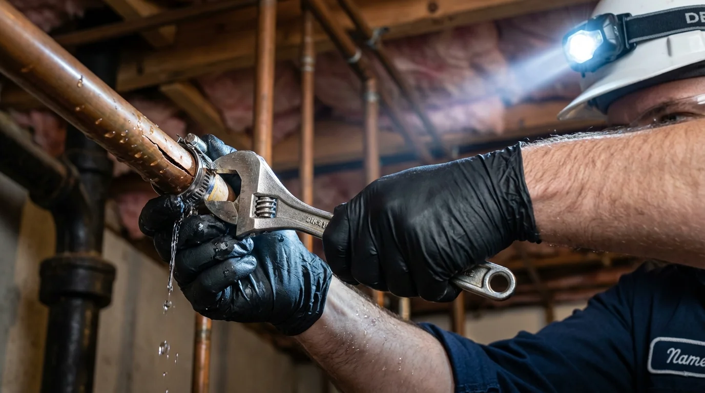 Emergency pipe clamp repair being performed by a Johns Plumbing LLC plumber in Waldwick