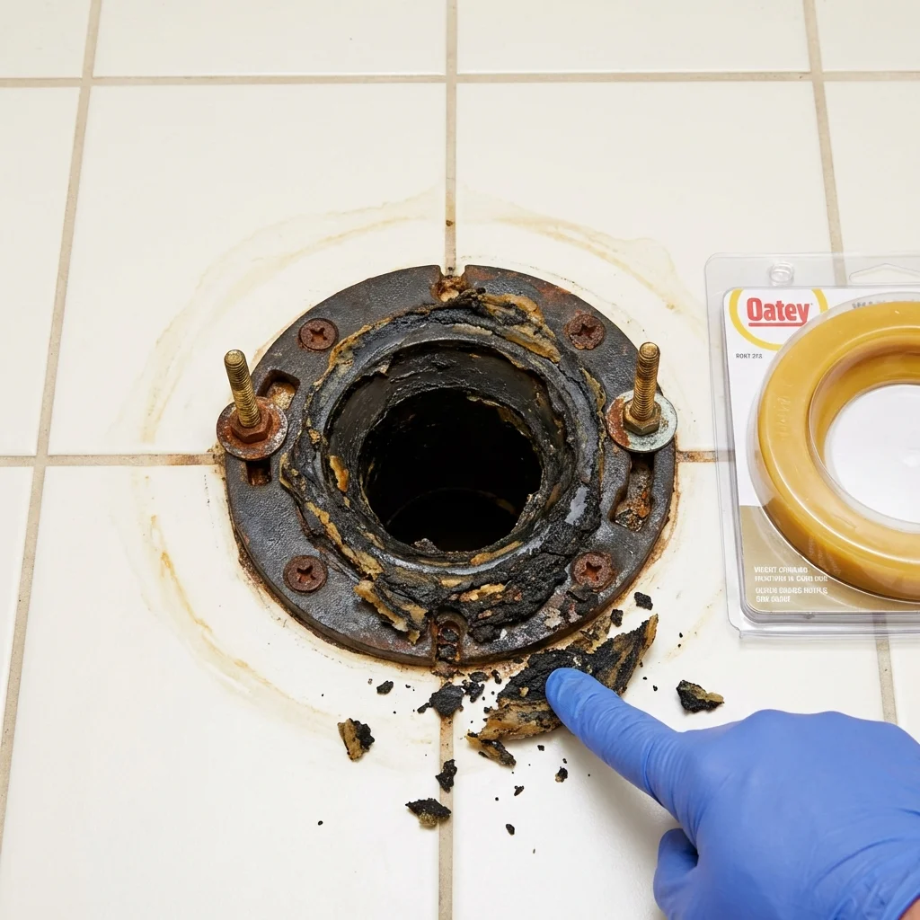 Failed wax ring showing water seepage at the base of a toilet in a Waldwick, NJ home