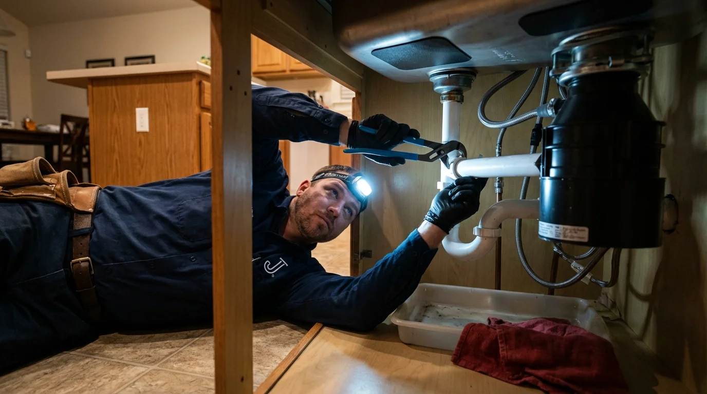 P-trap and supply line connections under a kitchen sink showing a common leak point in Waldwick, NJ